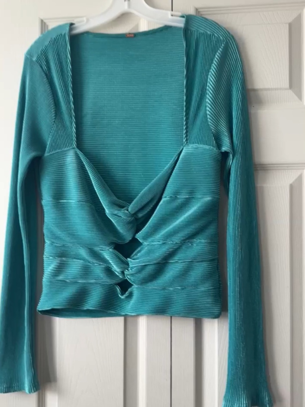Free People Teal Plisse Twist-Front Long Sleeve Crop Top with Cutouts